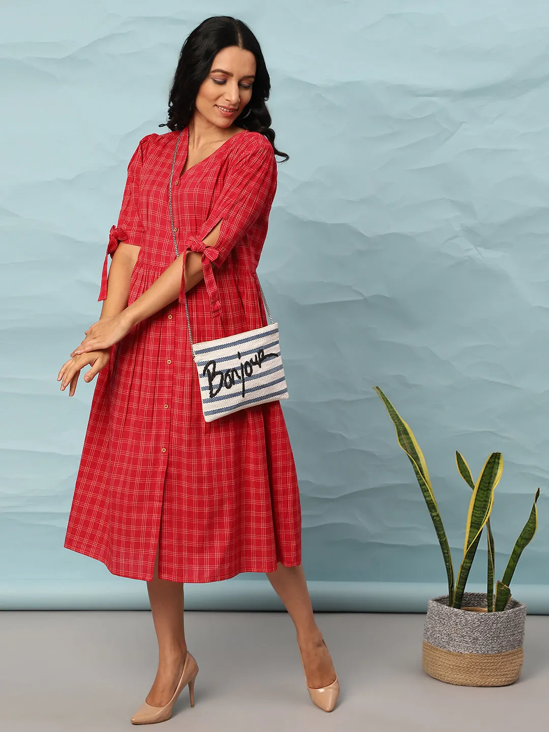 Red Cotton Checkered Flared Western Dress