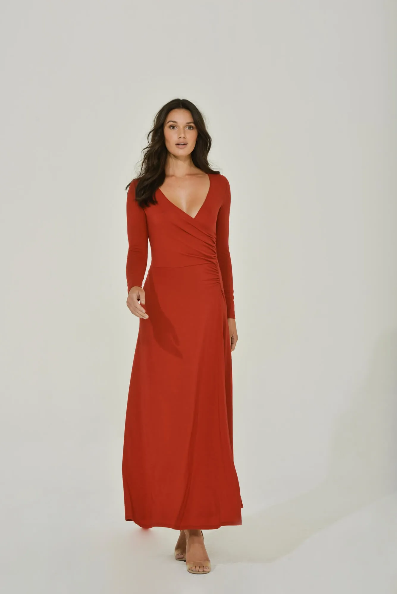 Red Long Sleeve Maxi Dress w/ High Slit