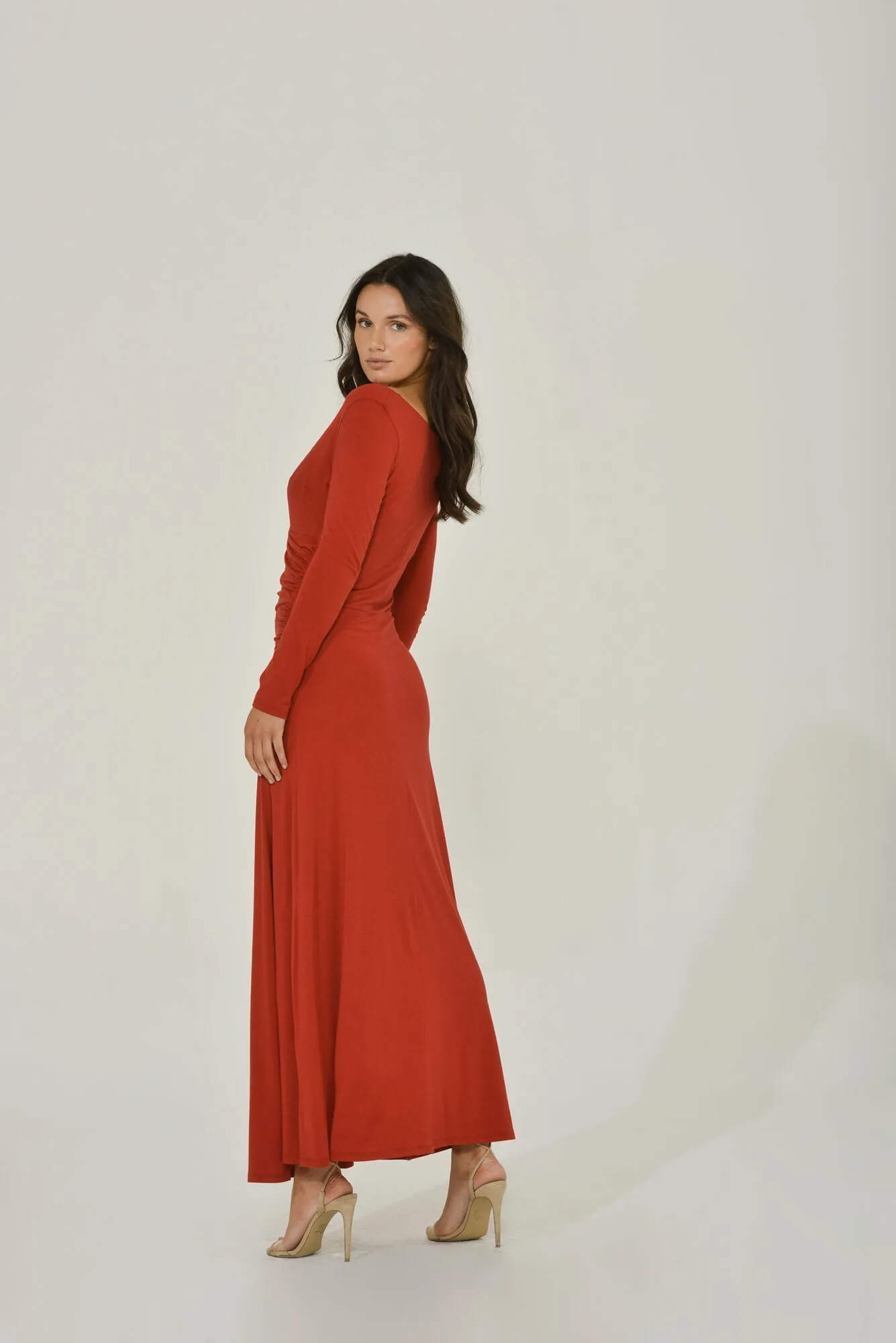 Red Long Sleeve Maxi Dress w/ High Slit