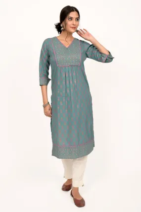 Teal Blue Printed Straight Fit Cotton Kurta