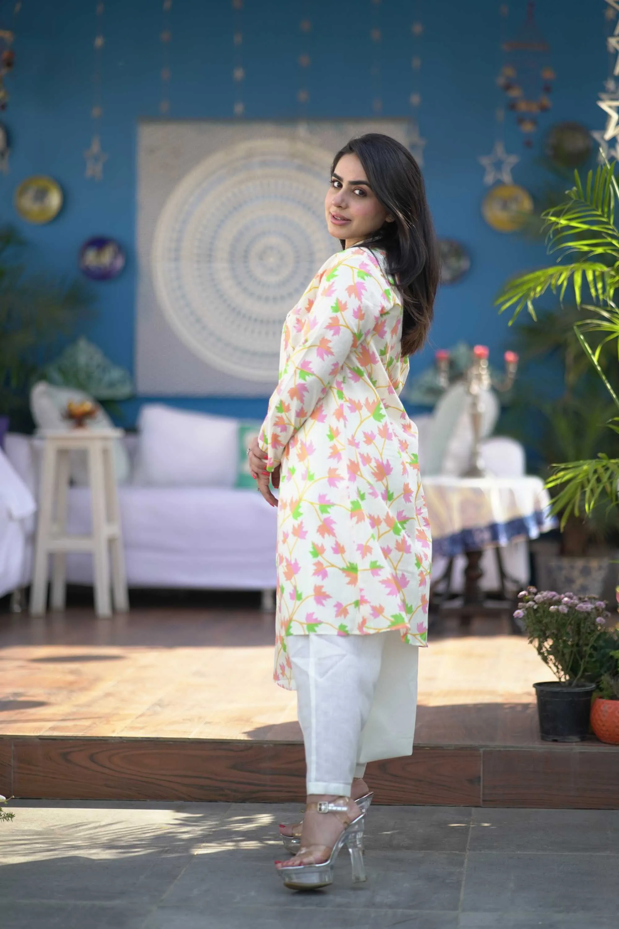 WHITE FLORAL PRINTED DHOTI PANT SUIT SET FOR WOMEN