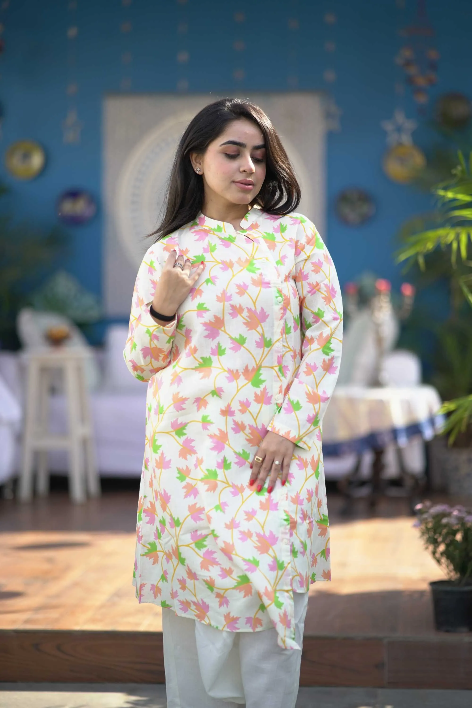 WHITE FLORAL PRINTED DHOTI PANT SUIT SET FOR WOMEN