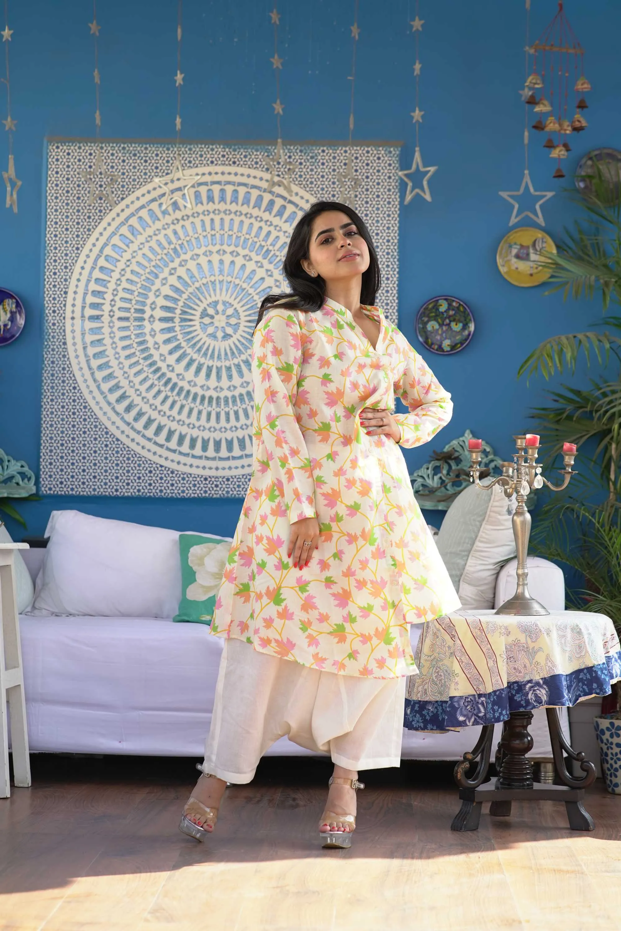 WHITE FLORAL PRINTED DHOTI PANT SUIT SET FOR WOMEN