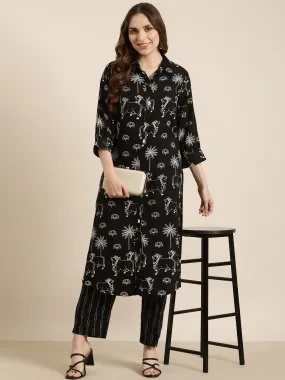 Women Straight Black Ethnic Motifs Kurta and Trousers Set